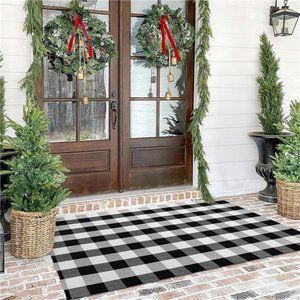 Buffalo Plaid Checkered Rug - 4'x6' Front Door Mat Outdoor,Black & White Outdoor